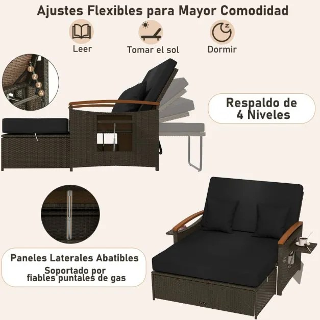Sofá-cama de rattan para exterior com apoio para os pés com arrumação Encosto ajustável em 4 níveis e tabuleiros laterais retrácteis Castanho/preto