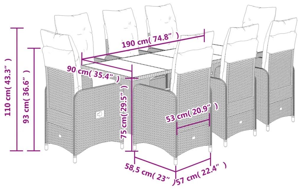 9 pcs conjunto de bistrô para jardim c/ almofadões vime PE bege