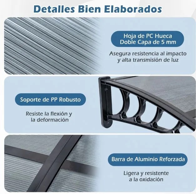 Toldo porta ou janela para Entradas, 197 x 89 x 24 cm, Proteção Anti-UV e Contra a Chuva, Cinzento-escuro