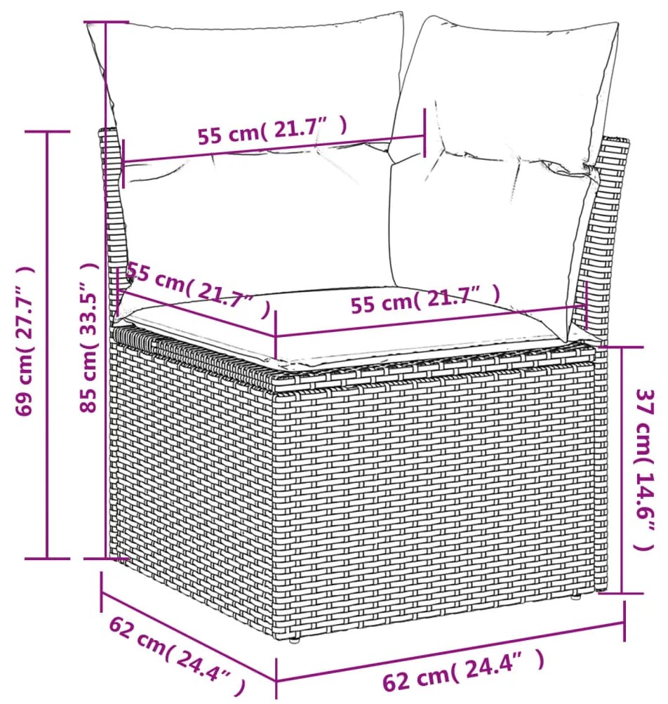 14 pcs conjunto sofás p/ jardim c/ almofadões vime PE cinzento