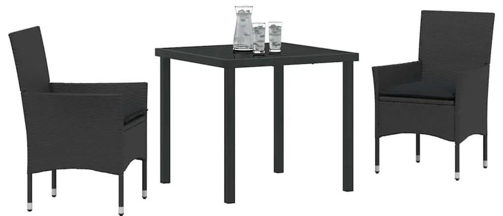 Conjunto de Jantar de Jardim em 3 Peças com Almofadas Pretas em Rattan