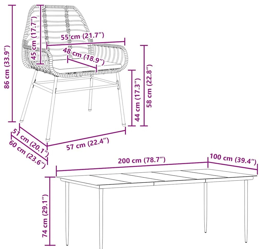 Conjunto de jantar jardim 9 peças almofadas vidro vime PE preto