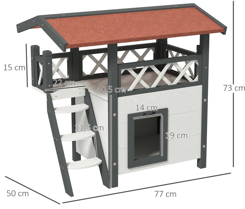 Casa para Gatos de Madeira 77x50x73cm Casa para Gatos com 2 Níveis com Teto Asfáltico Terraço Cercado Caverna e Escada Branco