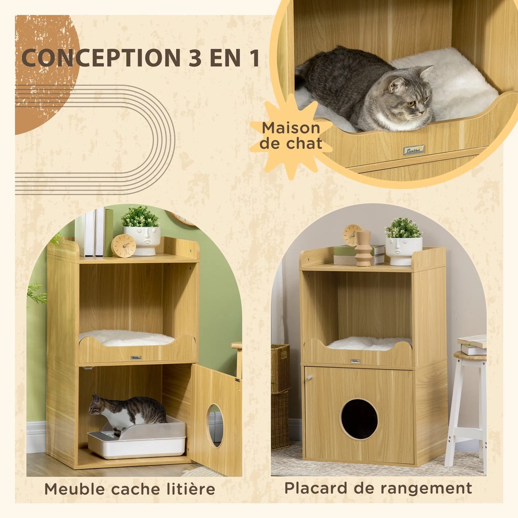 Casa de higiene para gatos com 3 níveis, compartimento fechado por uma porta,1 almofada, 60 x 45 x 103 cm