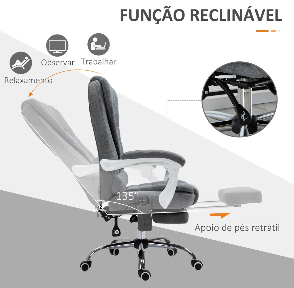 Cadeira de escritório com função de massagem  com 6 Pontos de Massagem Reclinável com Altura Ajustável e Função de Aquecimento 65x70x111-119 cm Cinza