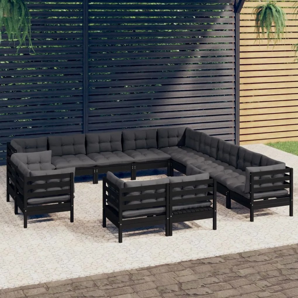 vidaXL 13 pcs conjunto lounge jardim c/ almofadões pinho maciço preto