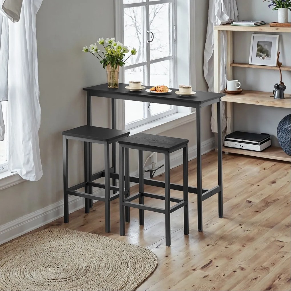 Conjunto de mesa de bar com 2 bancos altos, mesa alta com conjunto de cadeiras preto