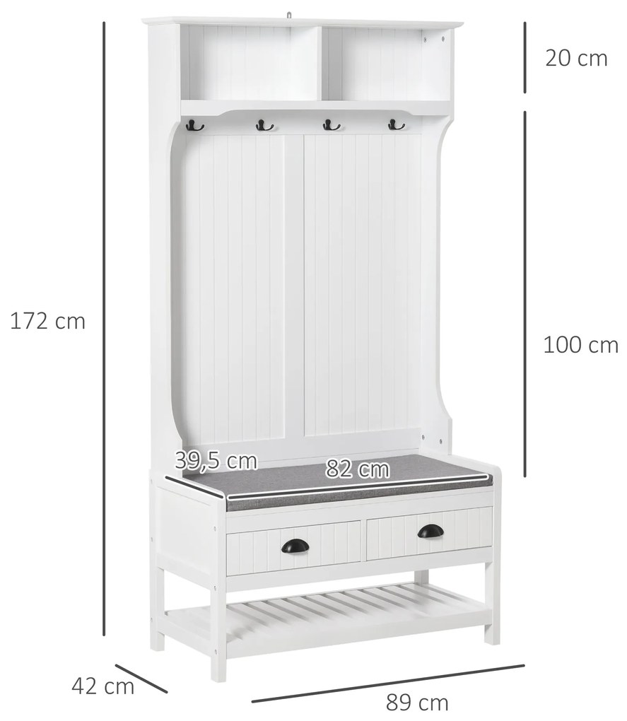 HOMCOM Cabide Sapateira com banco 4 ganchos 2 compartimentos abertos 2 gavetas removíveis e prateleira inferior moderna para corredor entrada 87x42x172 cm Branco