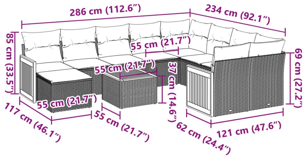 11 pcs conjunto sofás de jardim c/ almofadões vime PE bege