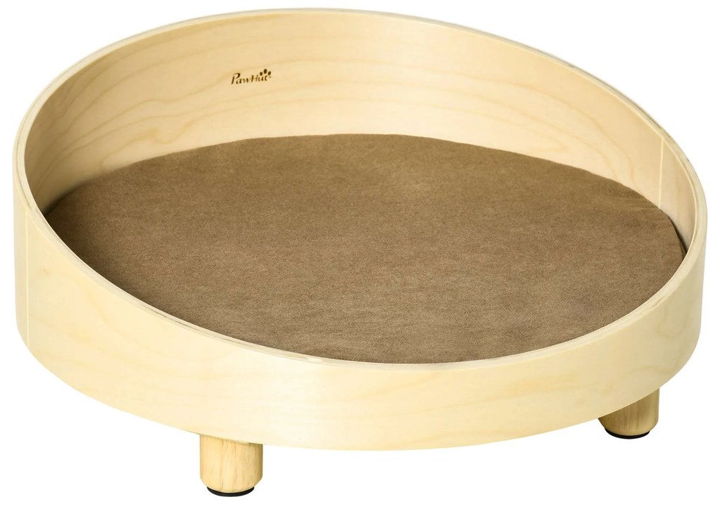 PawHut Cama de Madeira para Cães Gatos Sofá Redondo para Animais de Estimação com Almofada Acolchoada Removível Ø59x23,5cm Natural