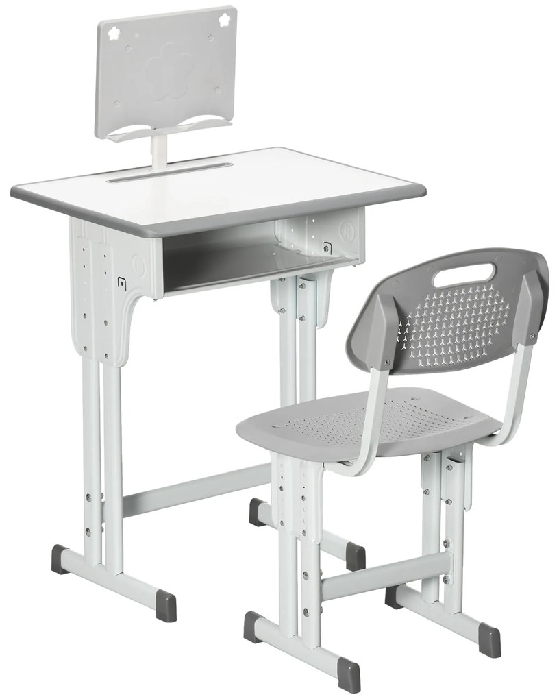 HOMCOM Conjunto de Secretária e Cadeira para Crianças de 6-12 Anos Secretária Infantil com Altura Ajustável 1 Gaveta 1 Suporte para Lápis e 1 Prateleira para Livros 60x45x90-120 cm Cinza