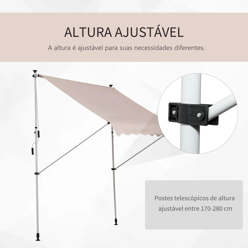 Toldo Manual Retrátil 200x150 cm com Manivela de Alumínio Ângulo Ajustável Proteção Solar para Varanda Jardim Pátio Bege