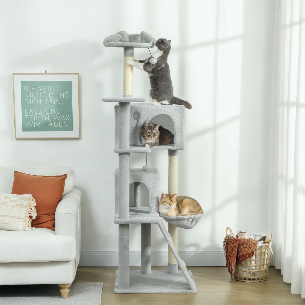 Arranhador para gatos com torre de brincadeiras, plataformas, compartimentos abertos, cama, rede, escada e arranhadores de sisal 56x56x180 cm cinzento