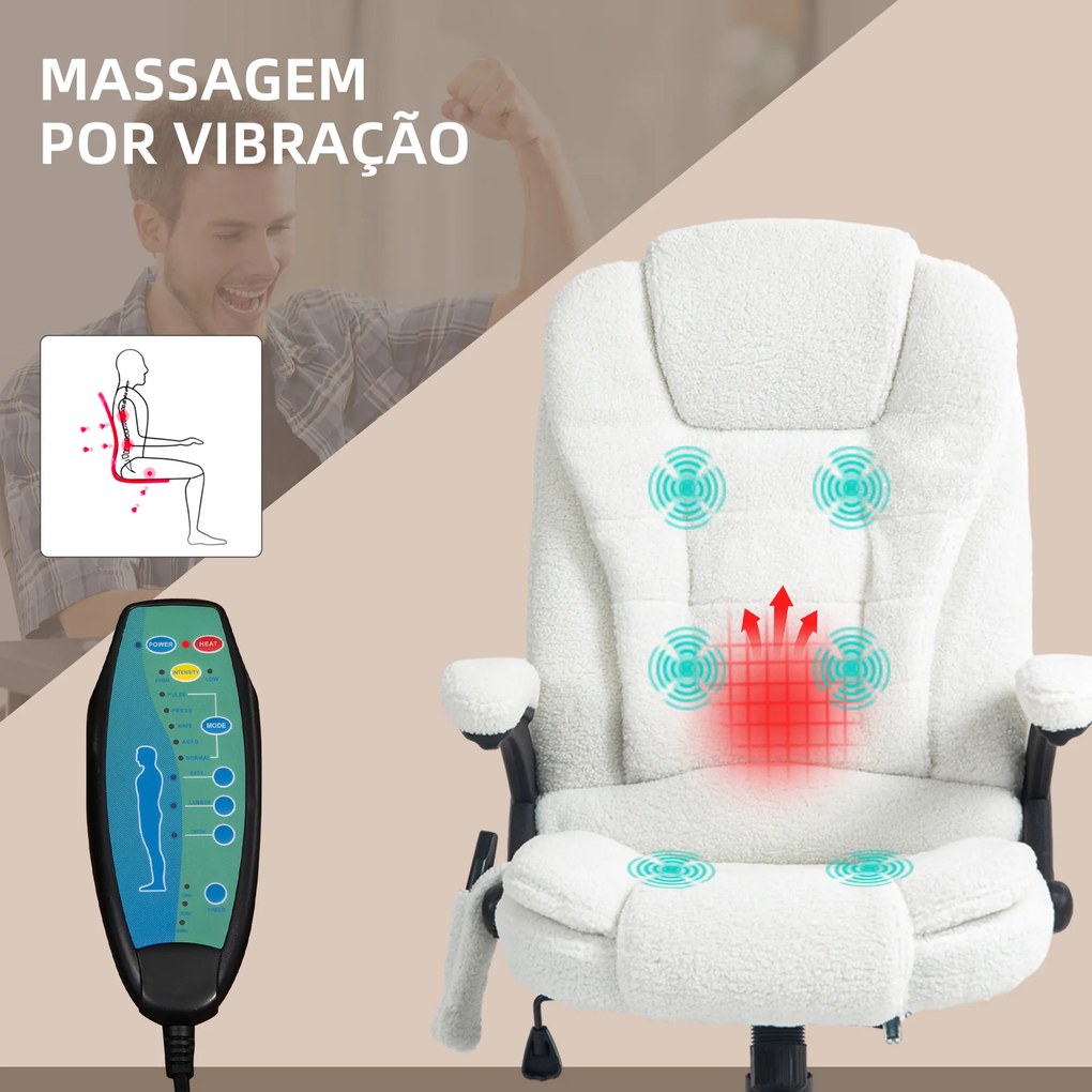 Cadeira de Massagem com 6 Pontos Reclinável até 130° com Função de Aquecimento Tecido em Borrego 67x74x107-116 cm Branco