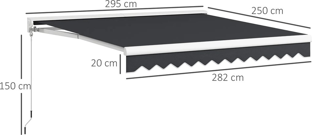 Toldo elétrico e manual retrátil, dimensões: 295 L x 250 L cm, com comando à distância incluído, em alumínio. Poliéster de alta densidade, cinzento