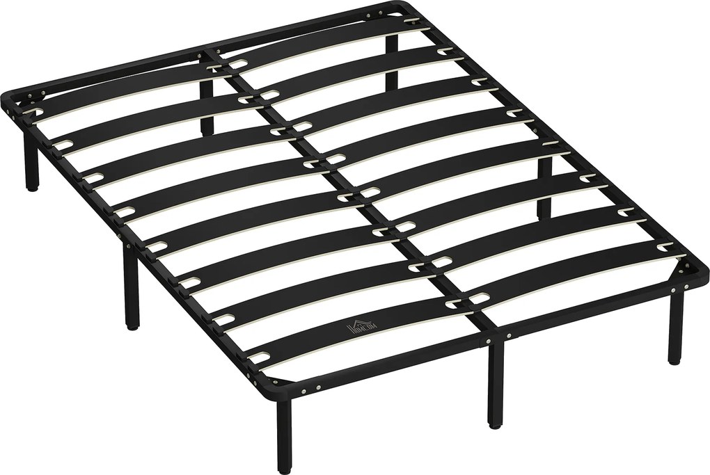 HOMCOM Estrutura 140x190 cm Estrado de Cama de Plataforma de Aço com Ripas de Álamo Fácil de Montar Carga 350 kg Preto | Aosom Portugal