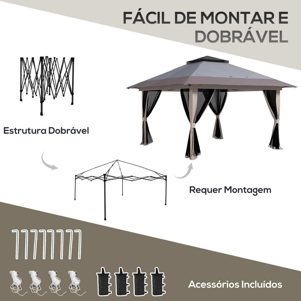 Tenda Dobrável Pop-up com Altura Ajustável Proteção UV50+ Telhado Duplo e Redes Mosquiteiras 4x4x2,8 m Cinzento Claro
