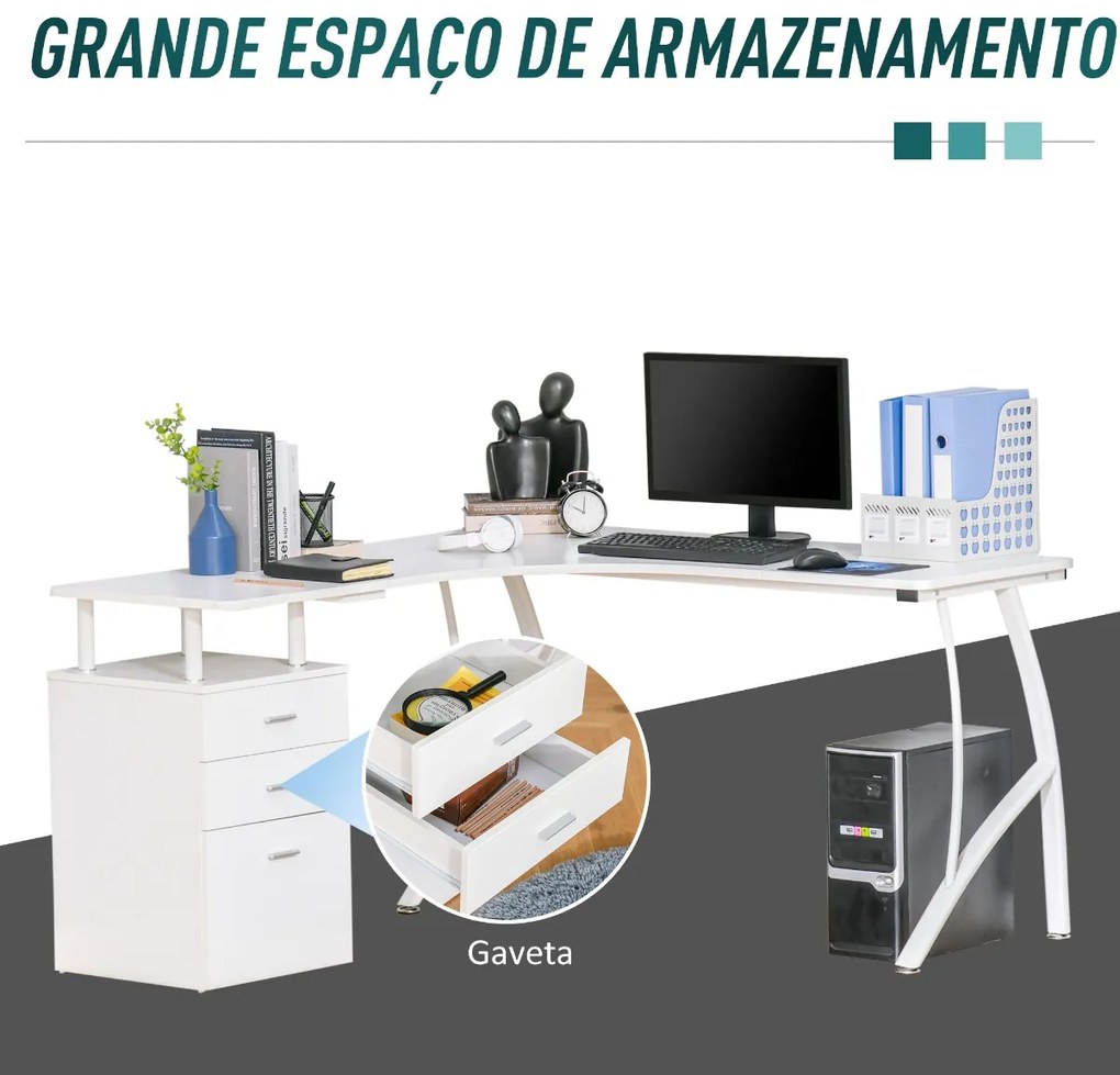 Mesa de canto para computador Mesa em formato de L com 3 gavetas Mesa moderna para escritório 143,5x143,5x76 cm Branco