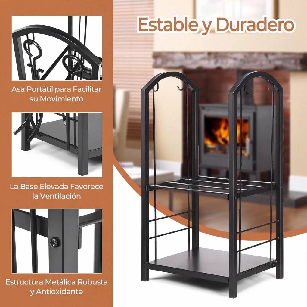 Conjunto de Suporte para Lenha e 4 Utensílios de Lareira, 44 x 30 x 74 cm, 2 Níveis de Armazenamento, Preto
