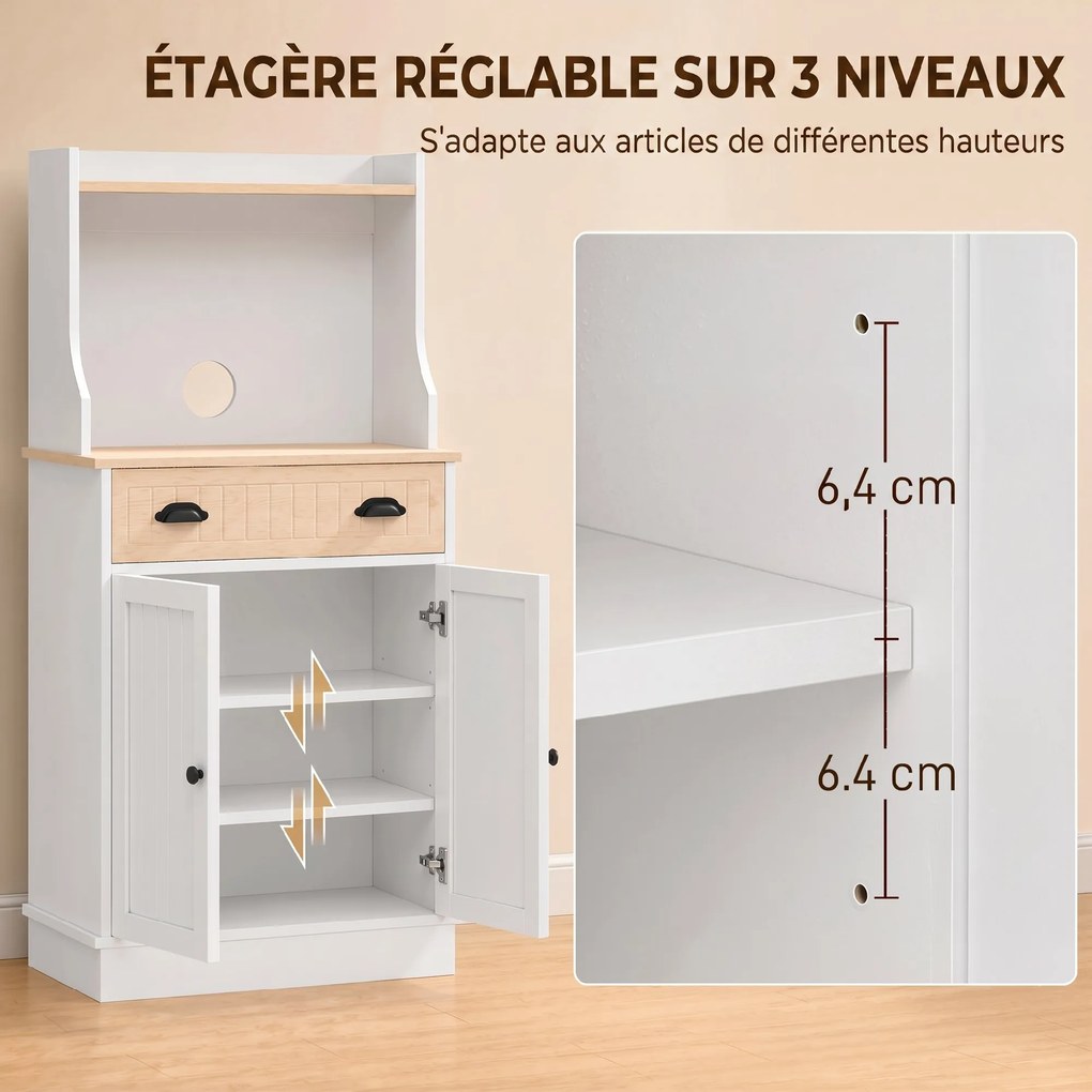 Armário de cozinha para micro-ondas com espaço aberto, 1 gaveta e armário de 2 portas, 61 x 35 x 125,4 cm, em branco e cor carvalho
