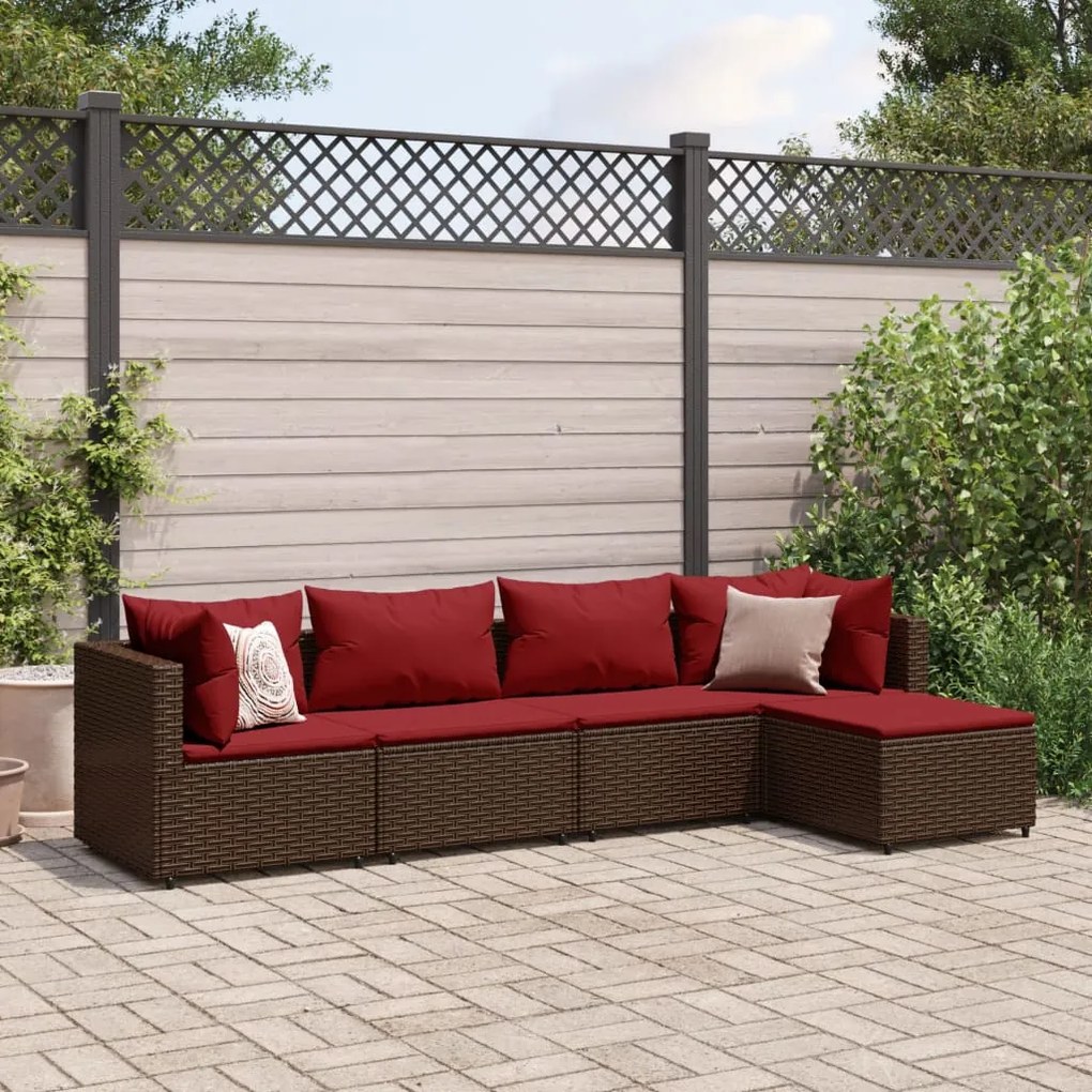 5 pcs conjunto lounge jardim c/ almofadões vime PE castanho