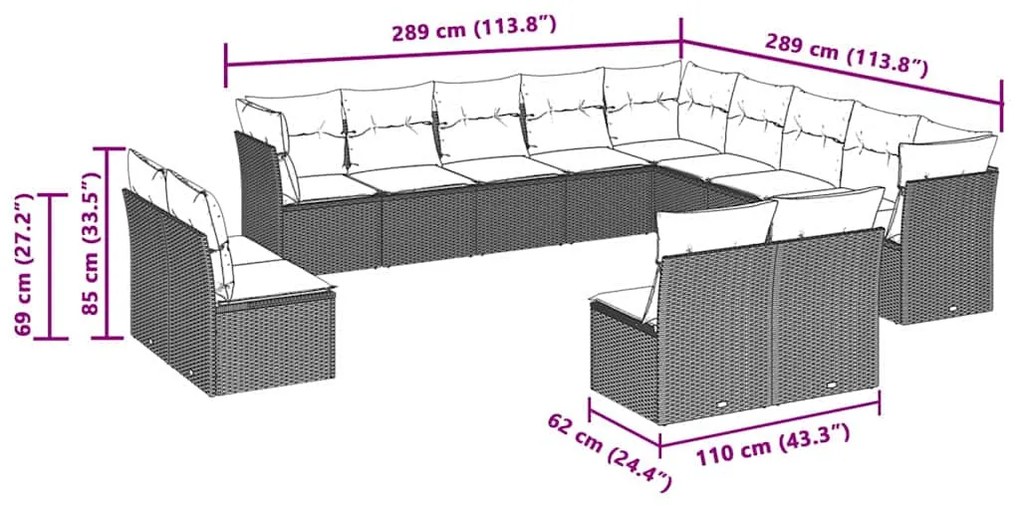 13 pcs conj. sofás jardim c/ almofadões vime PE cinzento-claro