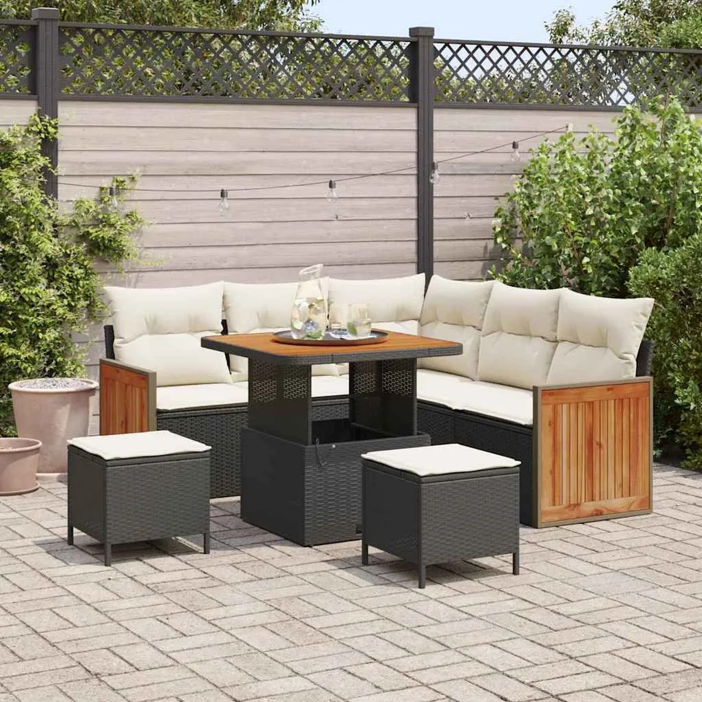 Conjunto de Sofá de Jardim 8 Peças com Almofadas Pretas em Rattan Acác
