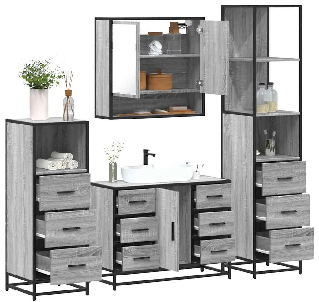 4 pcs Conjunto móveis casa de banho madeira proc. cinza sonoma