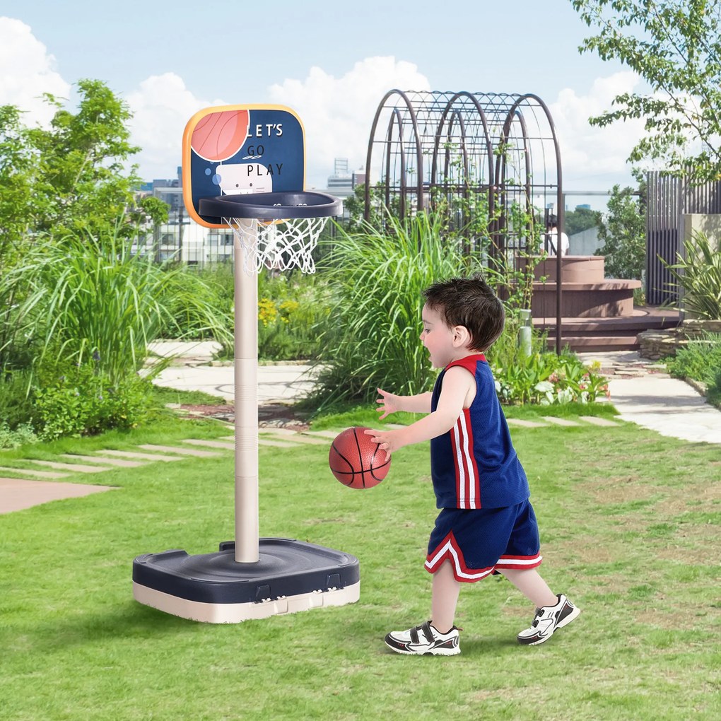 HOMCOM Tabela de Basquetebol Infantil 2 em 1 Tabela de Basquetebol Portátil com Jogo de Lançamento de Anéis e Altura Ajustável 96-110cm Acessórios Incluidos 58,5x56x137cm Azul e Branco