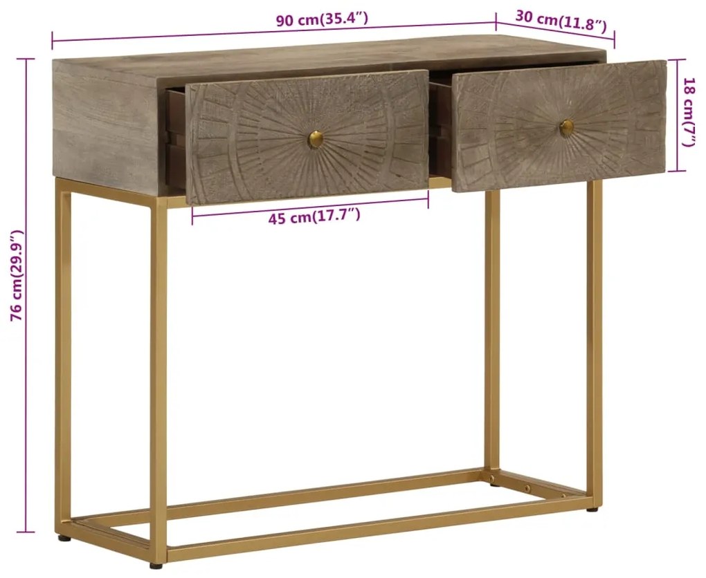 Mesa consola 90x30x76 cm madeira de mangueira maciça e ferro