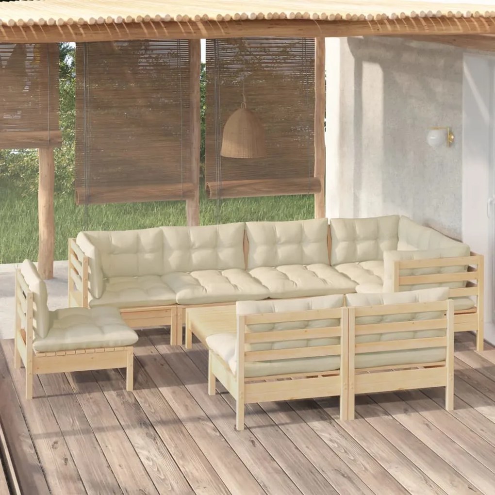 vidaXL 9 pcs conjunto lounge jardim c/ almofadões creme pinho maciço