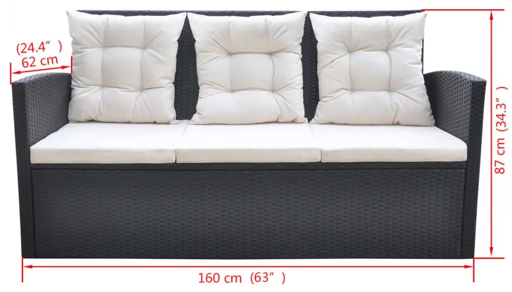 6 pcs conjunto jantar exterior com almofadões vime PE preto