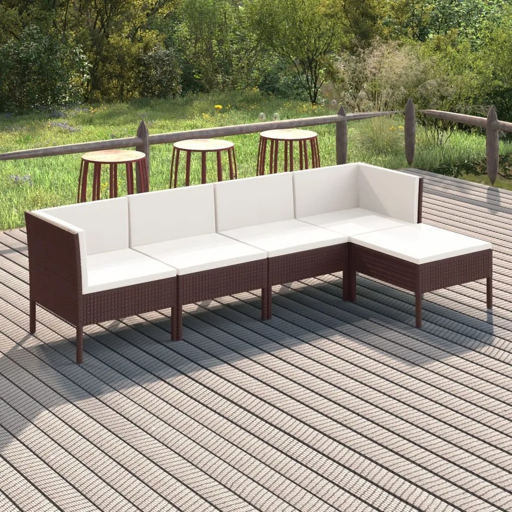 vidaXL 5 pcs conjunto lounge jardim c/ almofadões vime PE castanho