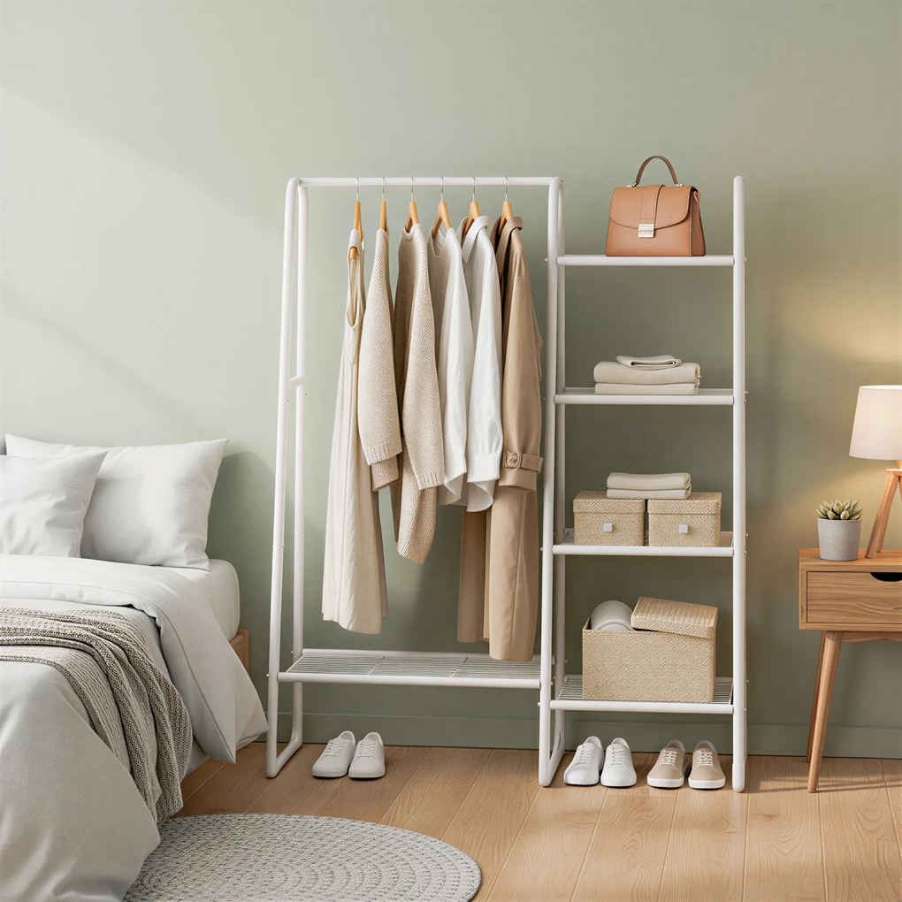 Guarda-roupa aberto, cabideiro com 5 prateleiras em metal 40 x 101,7 x 153,3 cm branco