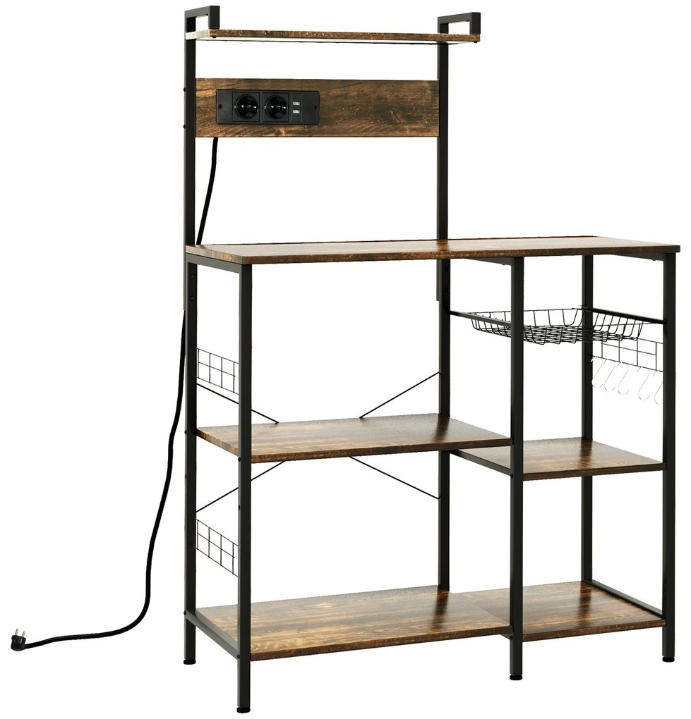 HOMCOM Estante de Cozinha com Ficha 2 Carregadores Prateleira Ajustável USB 5 Gancho em S e Cesta Amovível 90x42x130 cm Marrom Rústico