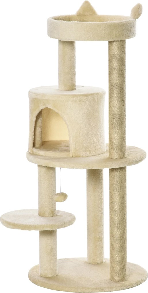 PawHut Árvore Arranhador Gatos Plataforma Caverna Postes Sisal Bola Suspensa 48x48x104 cm Bege | Aosom Portugal