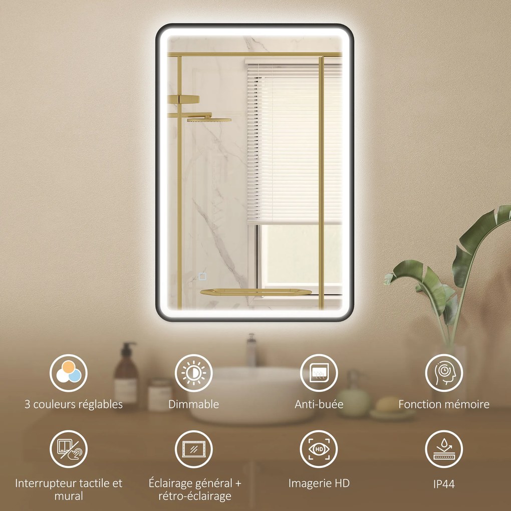 Espelho de casa de banho com iluminação, 90 x 60 cm, espelho LED de parede, antiembaciamento, 3 cores de luz, intensidade regulável, preto