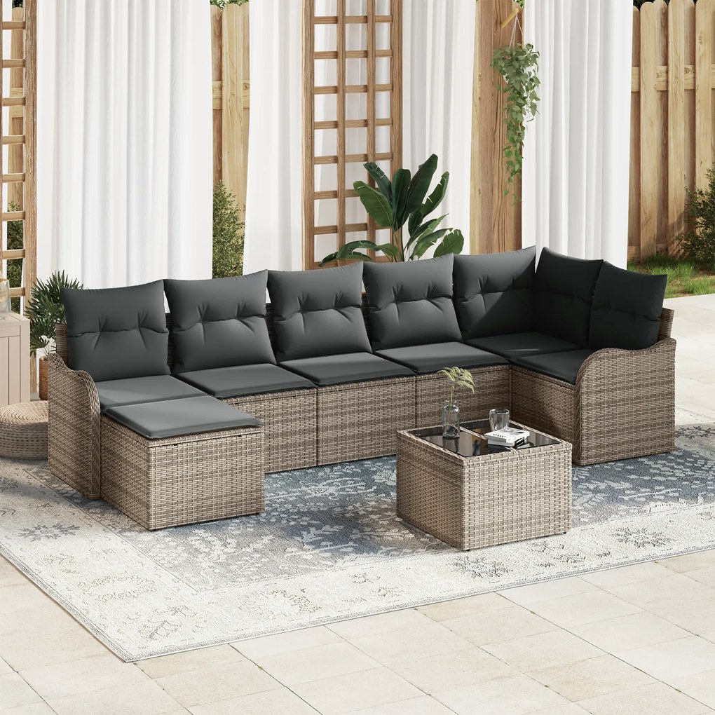vidaXL Conjunto de Sofá de Jardim de 7 Peças com Almofadas Rattan Poliéster Preto