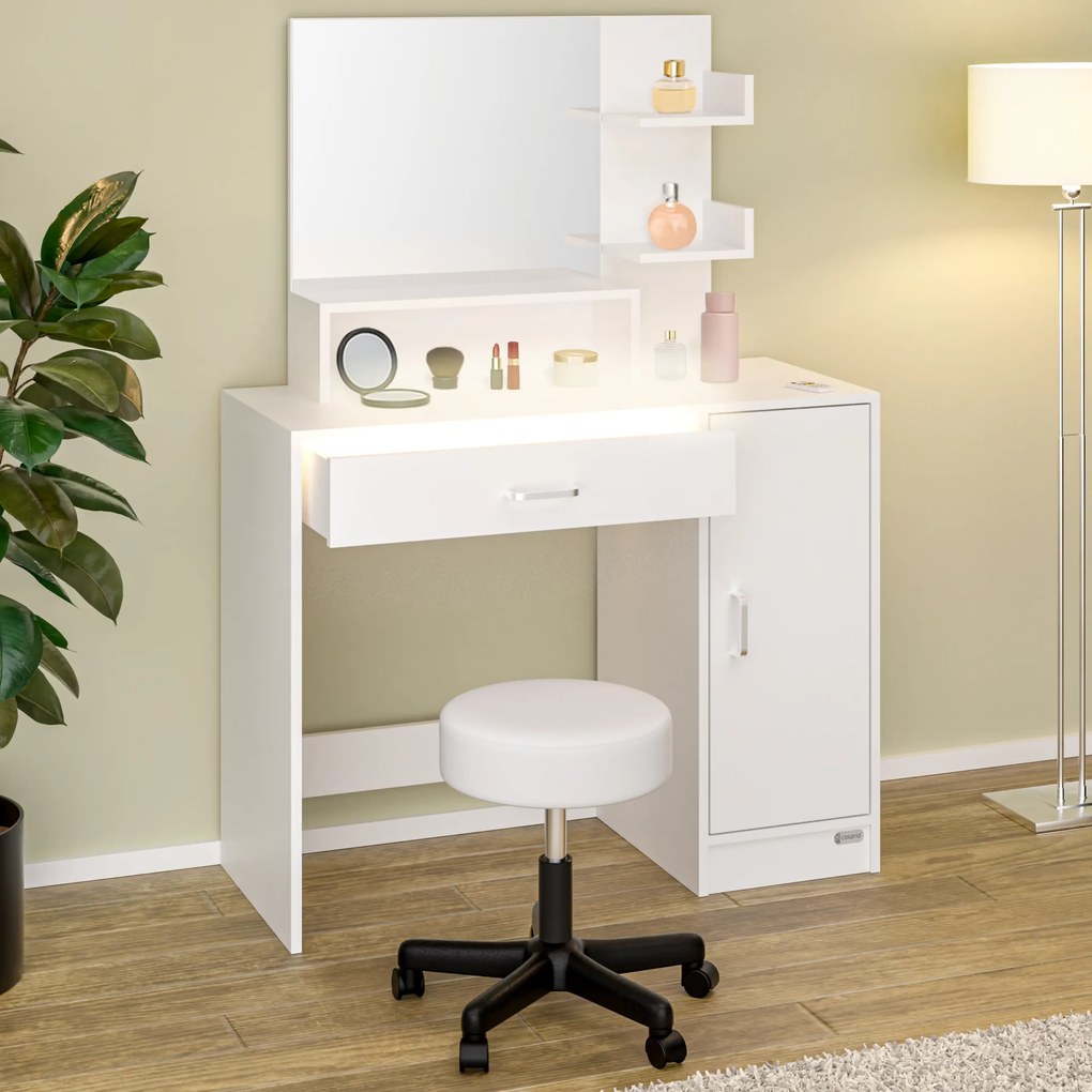 Toucador de maquilhagem 140x90x40cm inclui banco com rodas branco