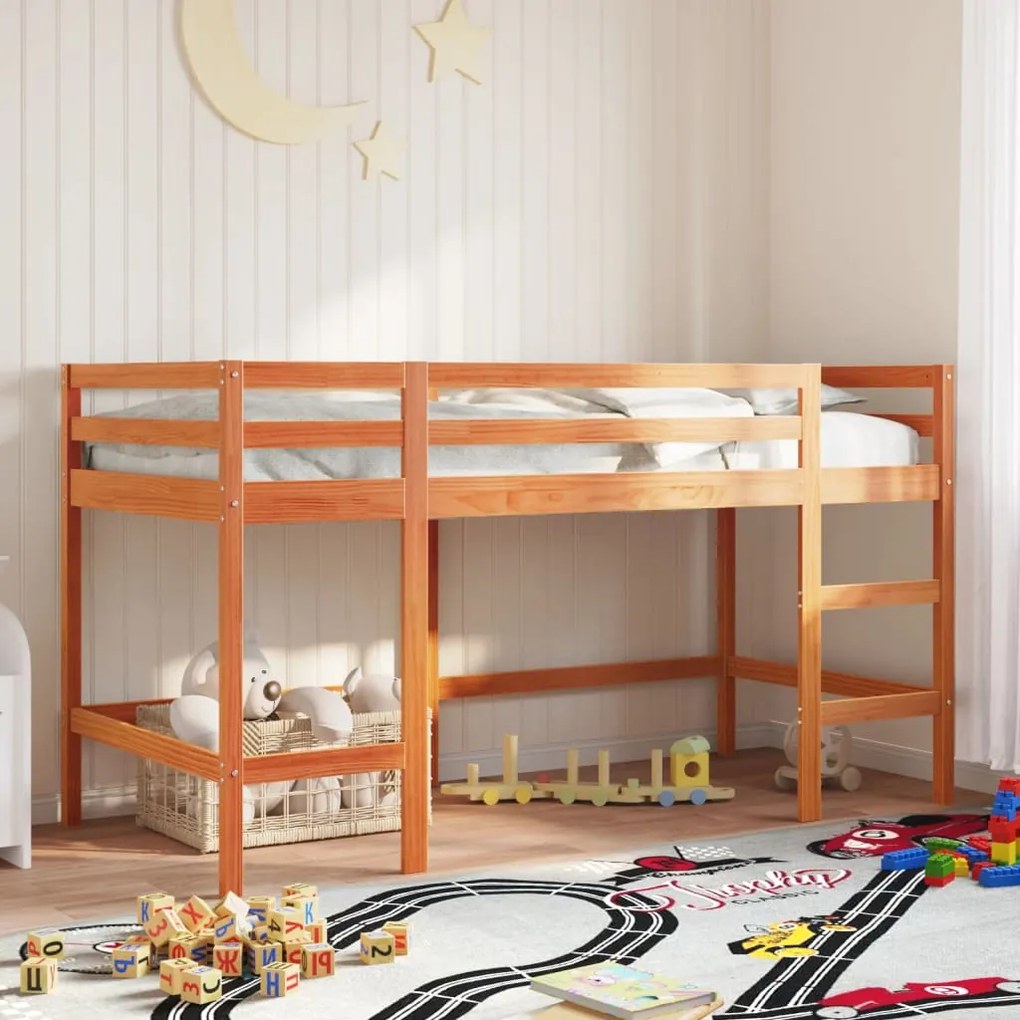 Cama alta p/criança c/escada 90x200cm pinho maciço castanho-mel
