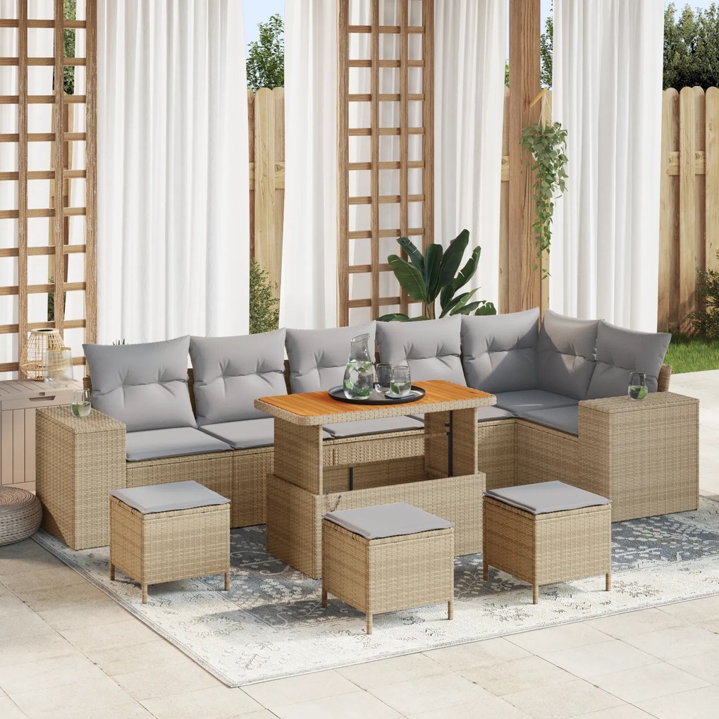 Conjunto de Sofá de Jardim de 10 Peças com Almofadas Bege Polyrattan A