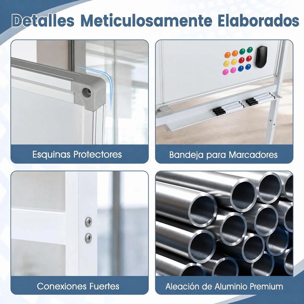Quadro Branco Móvel, 126 x 54 x 180,5 cm, Dupla Face com Rotação de 360°, Branco