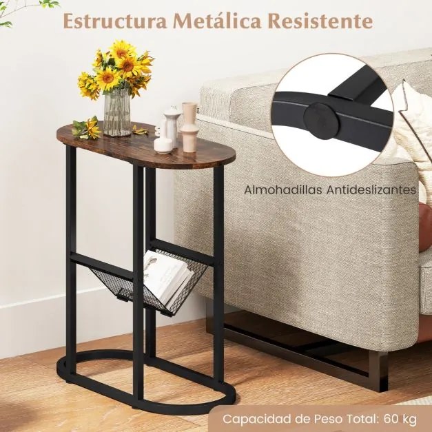 Mesa apoio, mesa de cabeçeira Estreita 60 x 28,5 x 64 cm com Suporte para Revistas Estrutura Metálica Castanho rústico