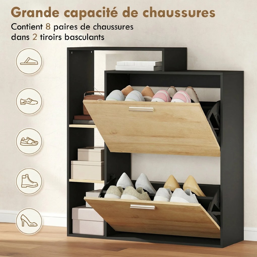 Sapateira com capacidade para 8 pares 80 x 26 x 90 cm, estreita com 2 gavetas rebatíveis, 3 compartimentos abertos, preto, efeito madeira natural