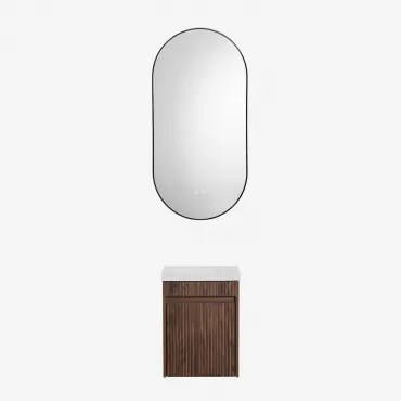 Conjunto De Móvel De Casa De Banho Suspenso Em Madeira Com Lavatório Integrado Narek Sem Torneira & Madeira Escura & Ovale Led E Antifog Preto 50x100