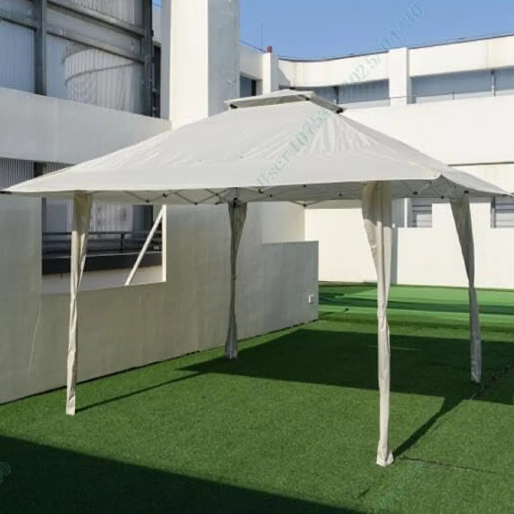 Tenda de 395 x 395 cm Pop up com tampa ventilada 8 orifícios de drenagem 4 cordas 8 estacas cáqui