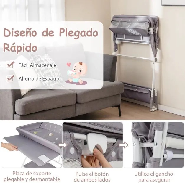 Fraldário portátil dobrável para bebés Estação de muda de fraldas dobrável com cesto organizador móvel ajustável em altura rodas Cinzento
