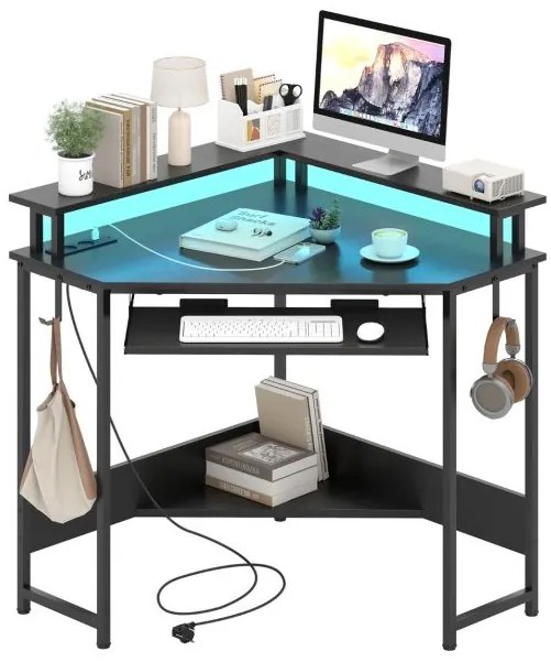 Secretária de canto com estação de carregamento e LED 80 x 80 x 88 cm, bandeja para teclado e suporte para monitor, mesa de gaming preta
