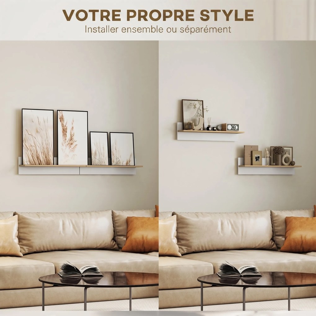 Conjunto de 2 prateleiras de parede de 80 cm, prateleiras suspensas para a sala de estar, hall de entrada, quarto e cozinha, em branco e madeira natur