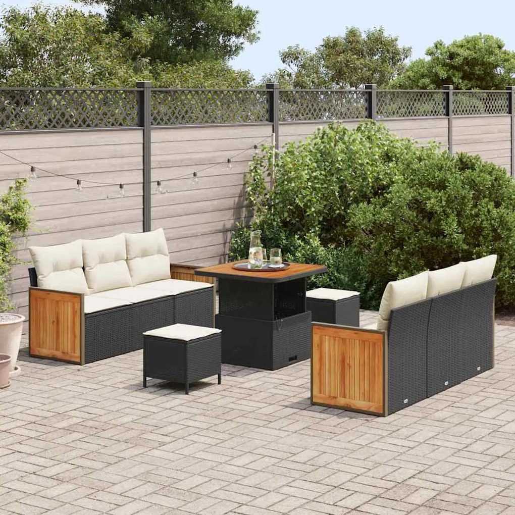 Conjunto de Sofá de Jardim vidaXL 9 Peças com Almofadas Rattan Preto A